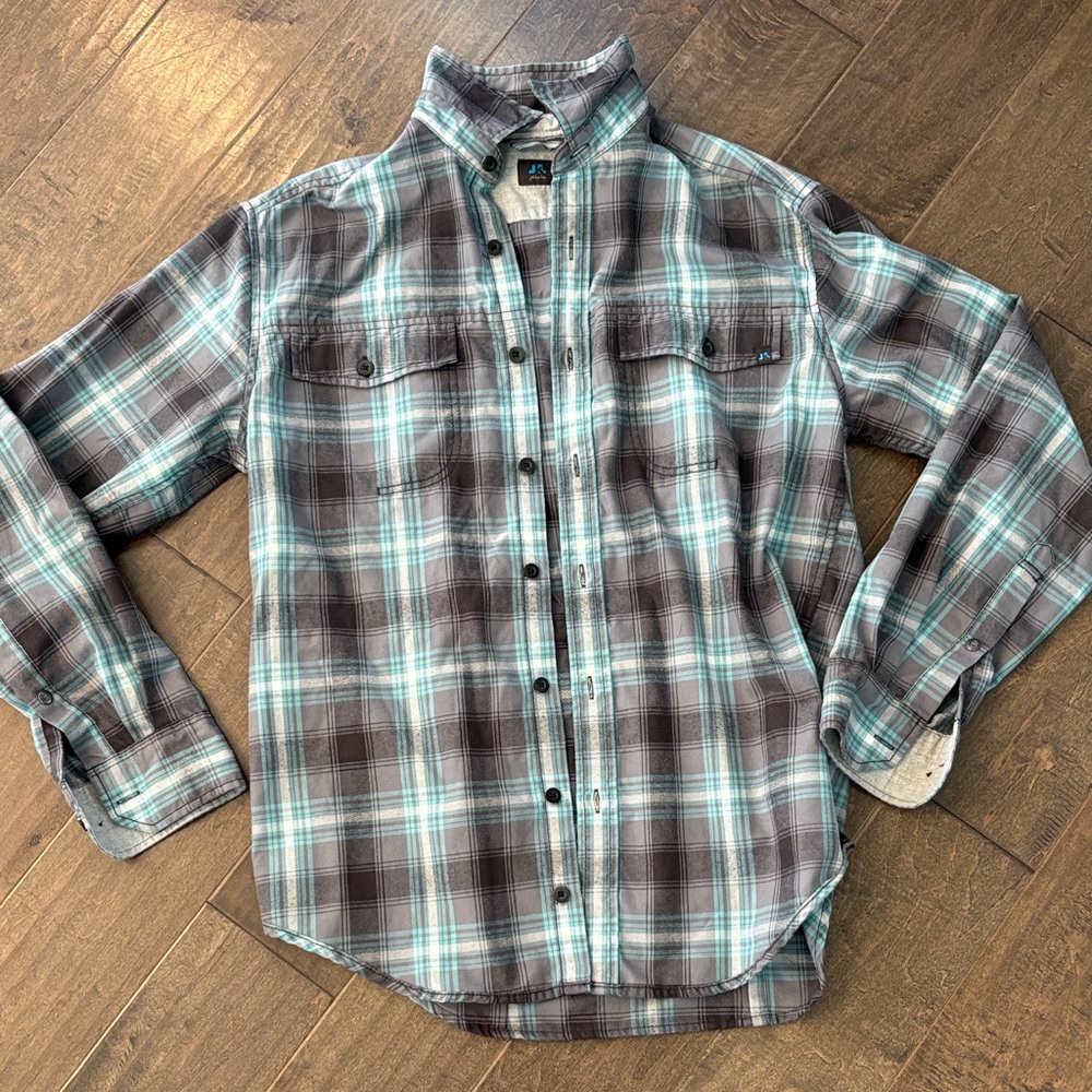 Men's Plaid Button-Down Shirt in Brown and Teal